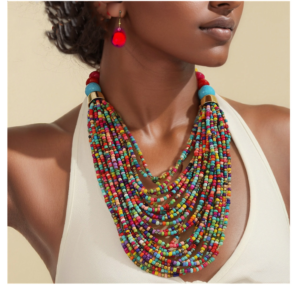 Bohemian multi-layer rice bead necklace ethnic style sweater chain exaggerated necklace set necklace
