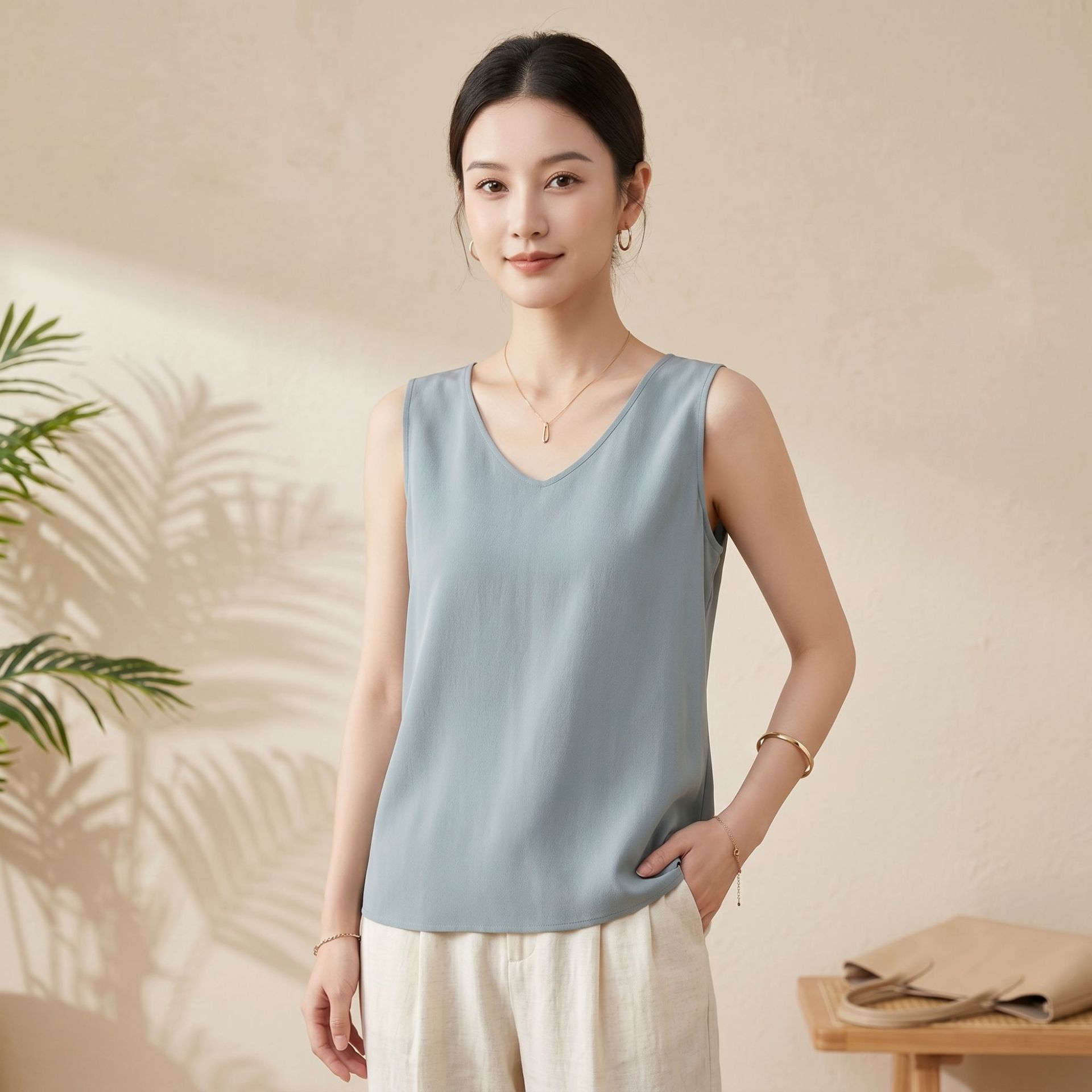New Sandwashed Double Crepe Silk Vest for Women Casual Inner Wear Pullover Base Layer Loose Mulberry Silk Sleeveless V-Neck Top