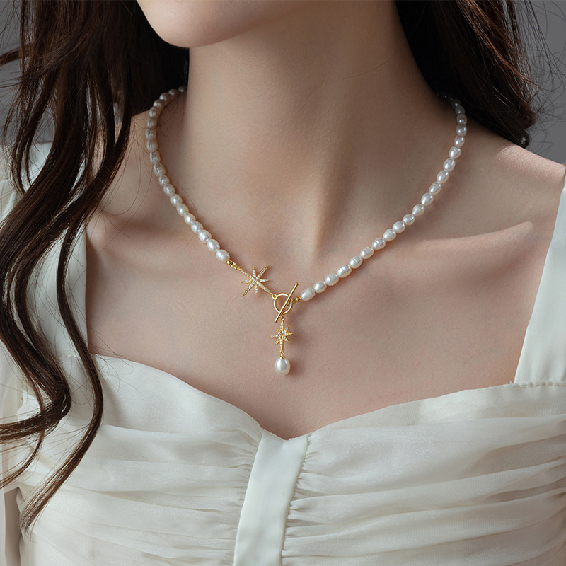 5-6mm natural freshwater pearl necklace with eight-pointed star OT clasp pendant necklace, exquisite sweater chain, collarbone chain