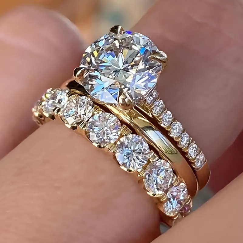 Cao Shi Three-Piece Ring Set with Zircon Elegant Diamond Ring for Wedding Party Matching Rings
