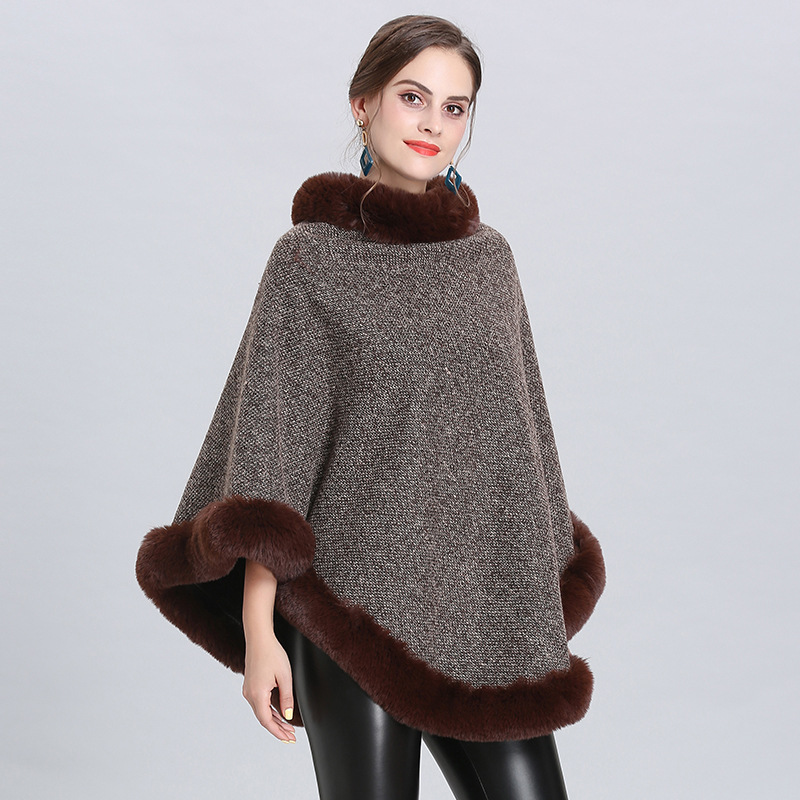 2021 New Imitation Fox Fur Collar Fleece Lined Round Neck Pullover Cape Knitted Cape Shawl Women 1522#