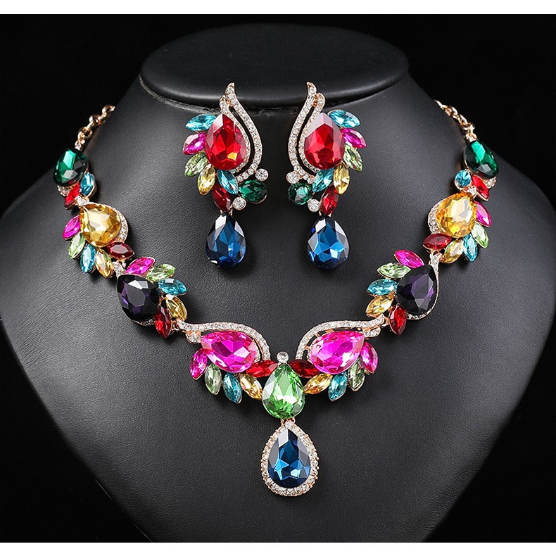 Multi-Color Gemstone Necklace Set Women Bride Banquet Dress