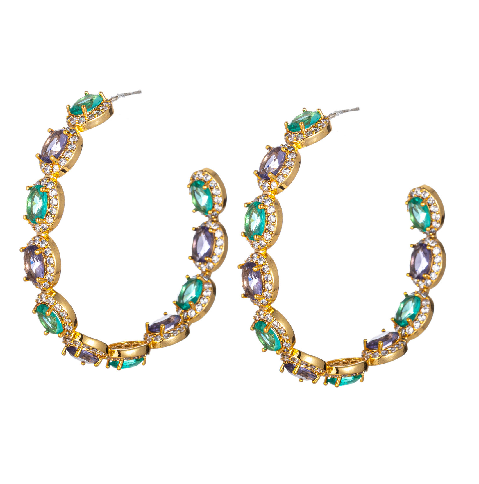 New heavy craft C-shaped colorful micro-set earrings S925 silver needle large earrings ear jewelry