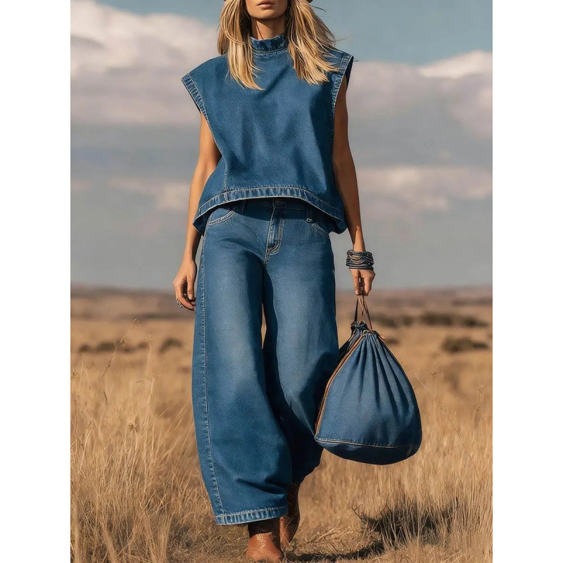 2026 New Style Denim Sleeveless Vest Wide Leg Pants Suit Women Summer Casual Two Piece Set