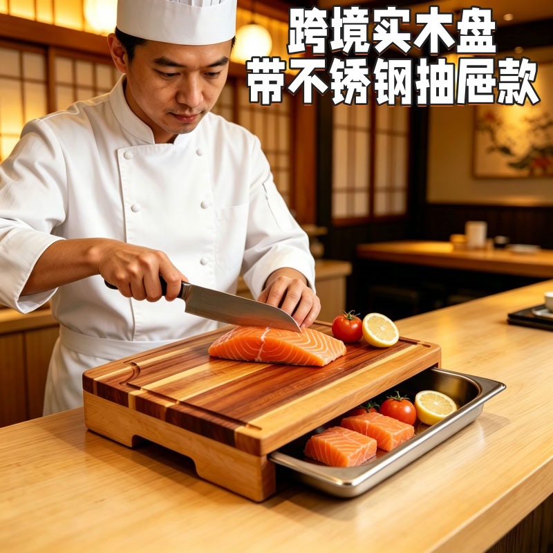 Solid Acacia Wood Tray with Drawer 304 Stainless Steel Plate Double Layer Cutting Board Sushi Salmon Platter