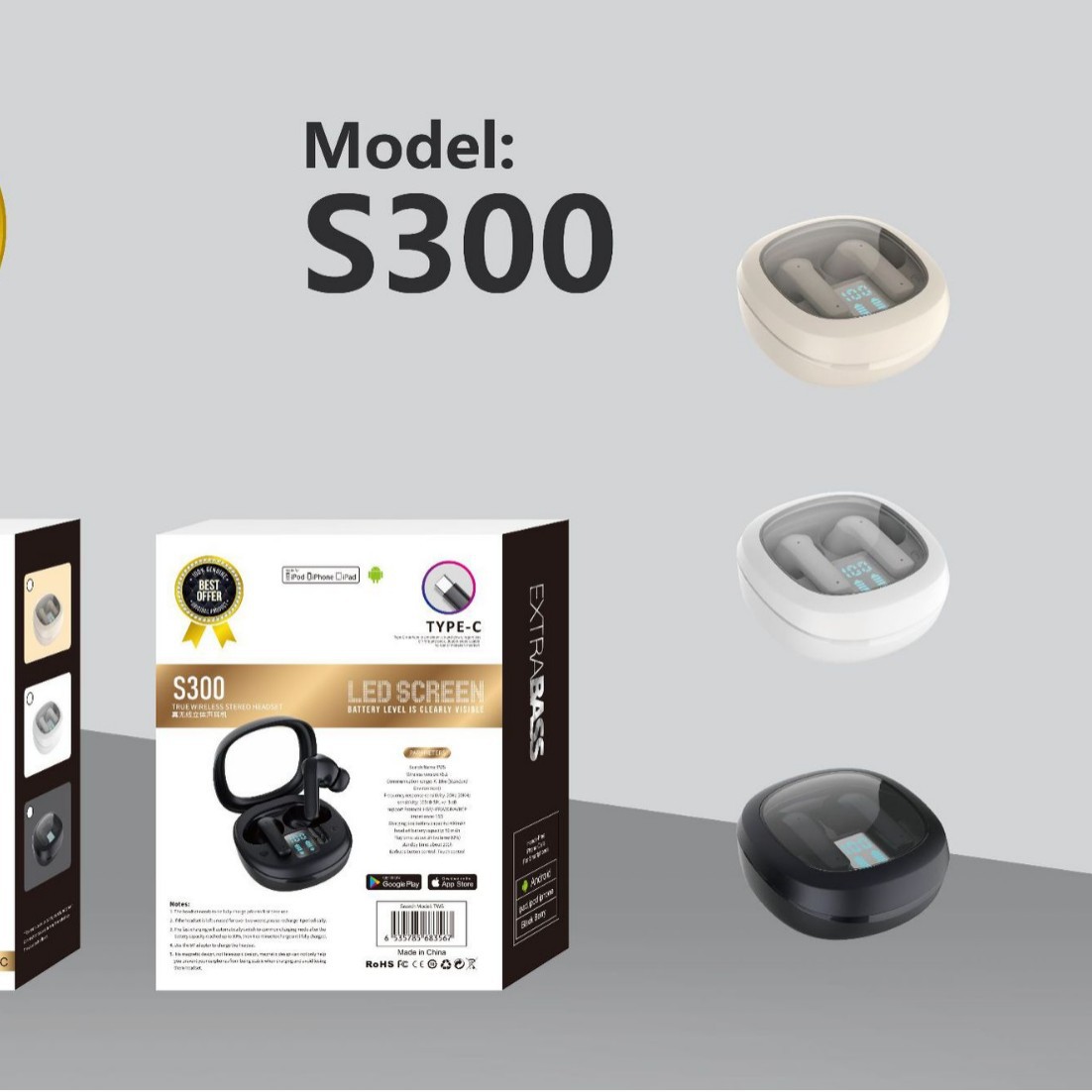 Wireless Bluetooth headset transparent space capsule sports digital display headset low latency long battery life Bluetooth S300