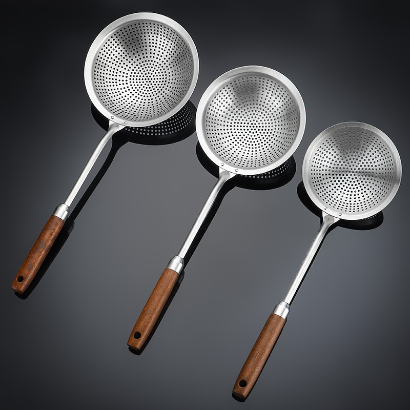 201 stainless steel small hole slotted spoon, household rosewood handle colander, dumpling noodle scoop, frying strainer spoon, hot pot spoon