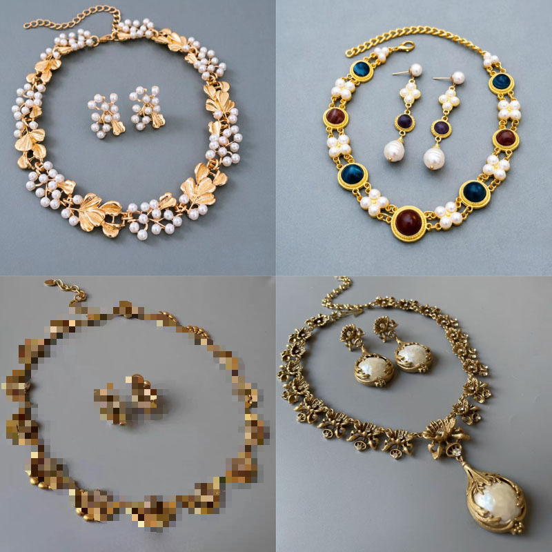 Vintage Flower Earrings Necklace Set Court Style Necklace