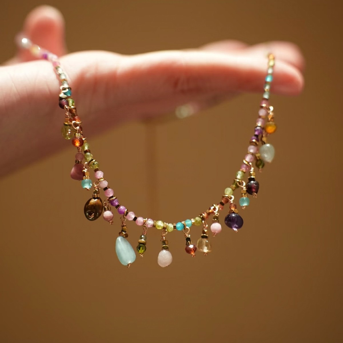 Bohemian colorful tassel dreamy irregular natural stone pendant delicate necklace simple