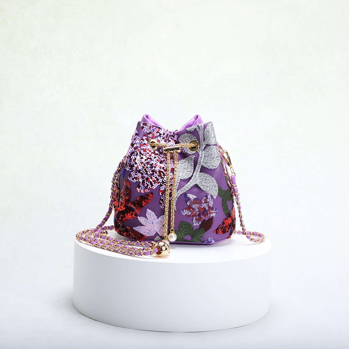 Women's Bag New Chinese Style Flower Embroidery Sequins Mesh Splicing Contrast Color Elegant Lady Drawstring Chain Bucket Bag