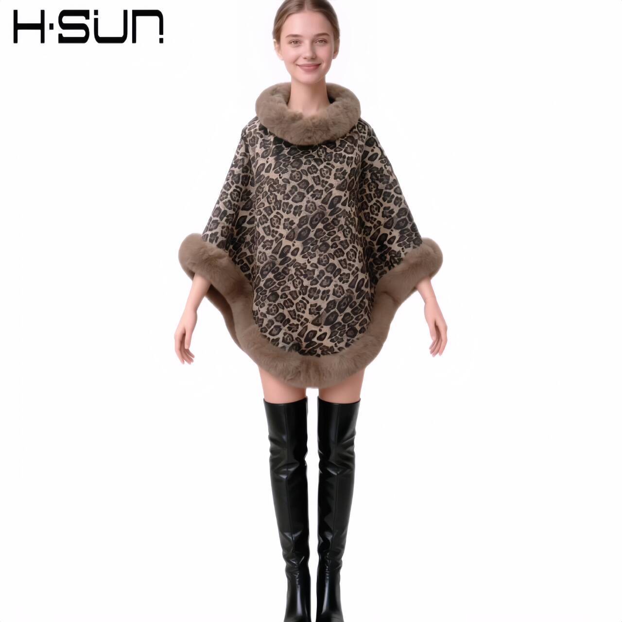 Pullover Street Pullover Poncho Fur Collar Non-Detachable Shawl Leopard Print Knit Fleece Poncho Fur Collar
