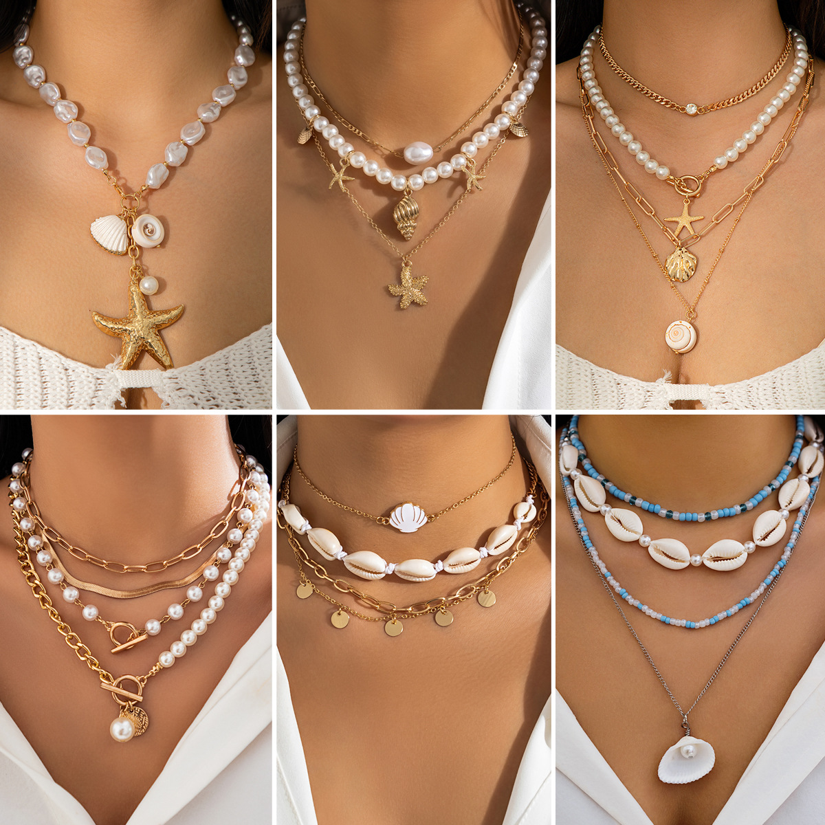 Jewelry bead necklace beach faux pearl ornament starfish shell vacation necklace