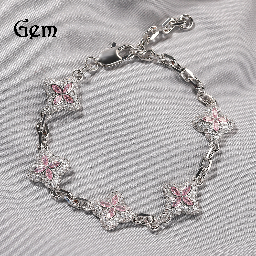 Hip Hop Full Diamond Four-Leaf Clover Bracelet Unisex Necklace Four-Leaf Clover Necklace