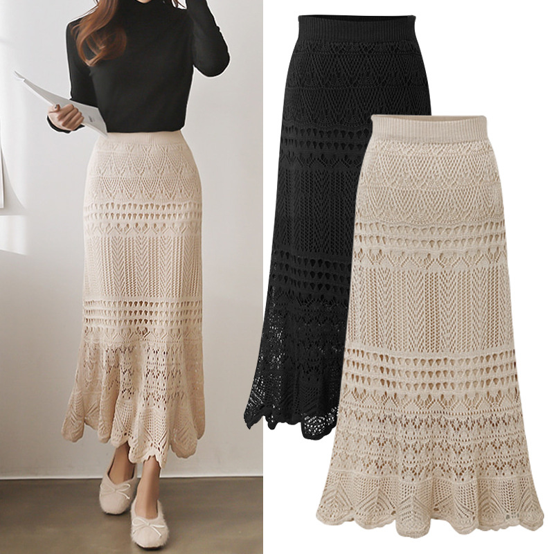 Skirt women spring and autumn 200 jin high waist loose plus size crochet hollow knit hip-hugging mid-length skirt women 90cm