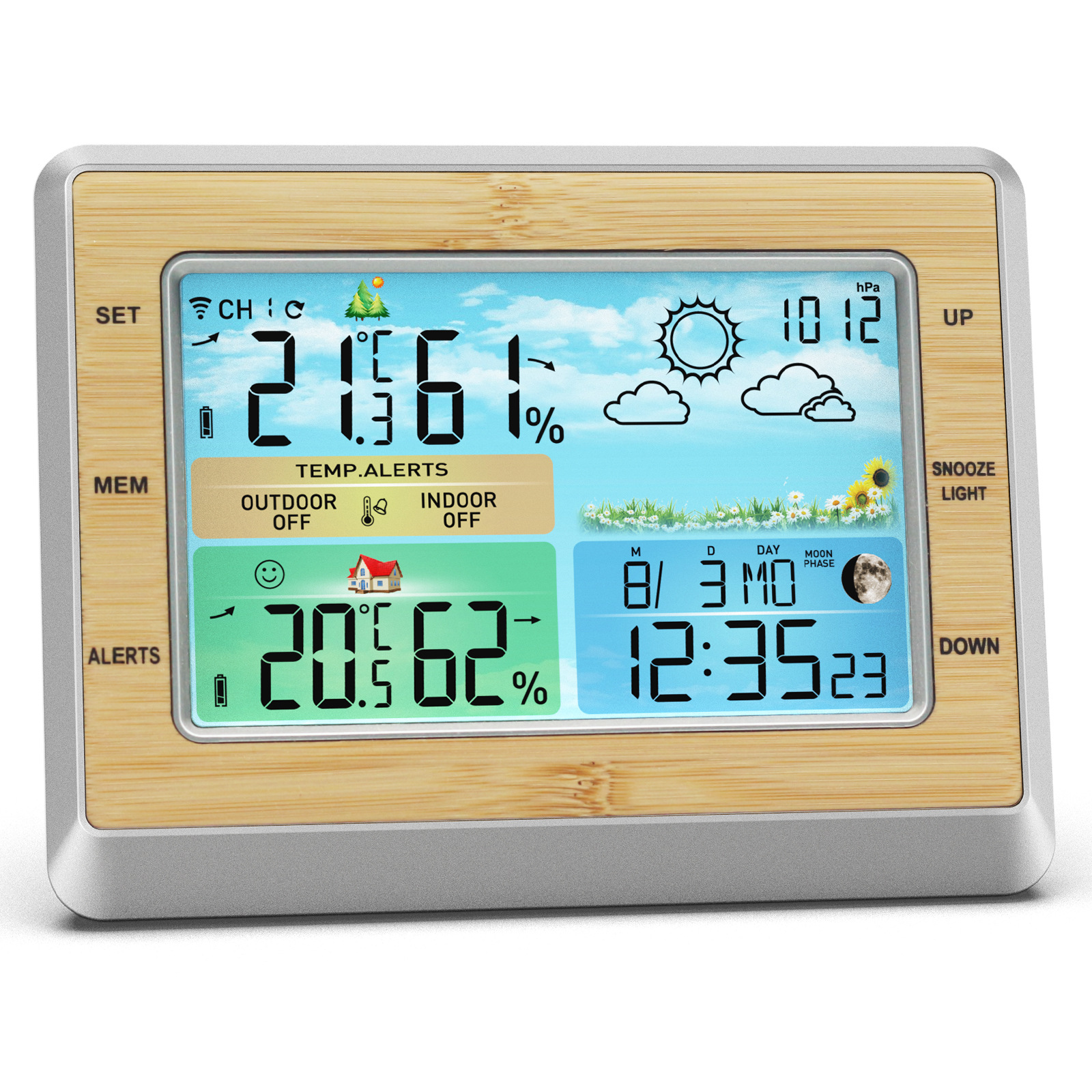 New Color Screen Weather Station Calendar Clock Bamboo Surface Multifunctional Electronic Alarm Clock RF Wireless Weather Forecast Clock