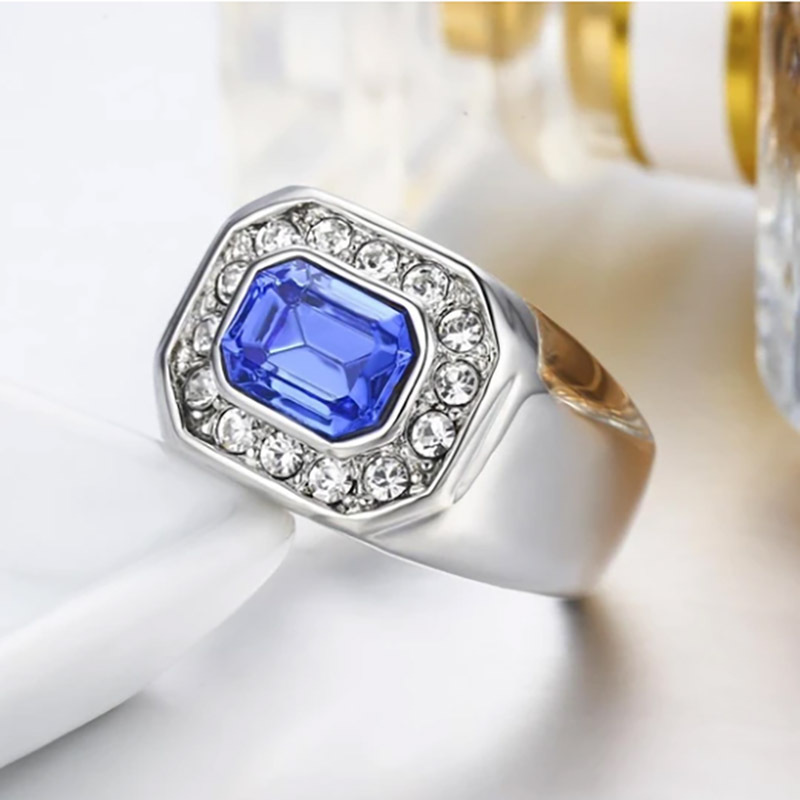Blue Crystal Ring Simple Platinum-Plated Men Ring