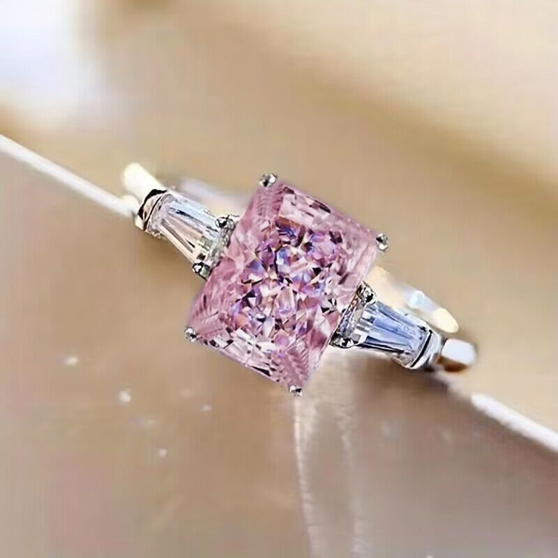 Cao Shi Live New Hand Jewelry Square Pink Zircon Ring for Women Sweet Romantic Wedding Ring