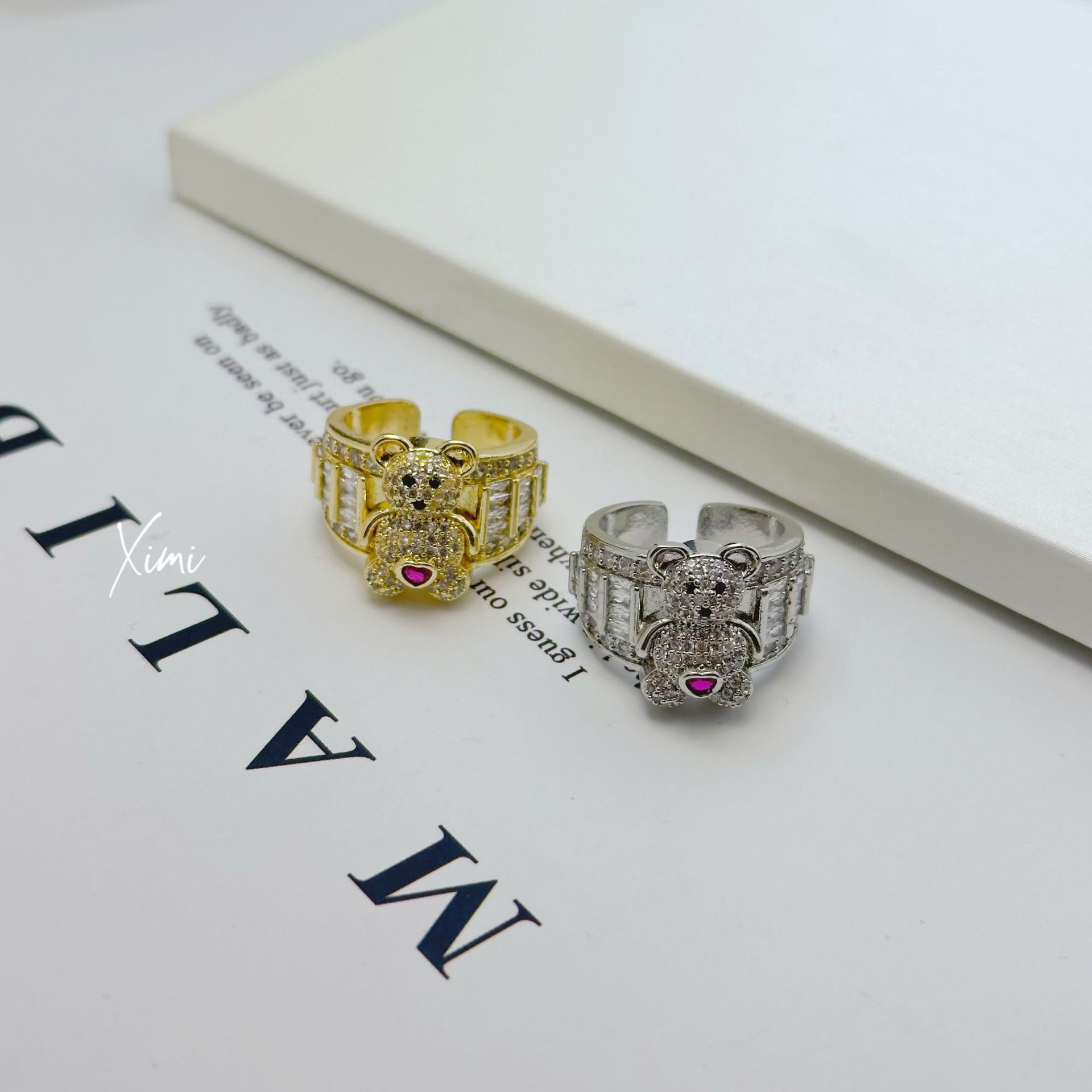 Cute Bear Copper Set Zirconia Women's Adjustable Ring Niche Design Open Band Index Finger Ring