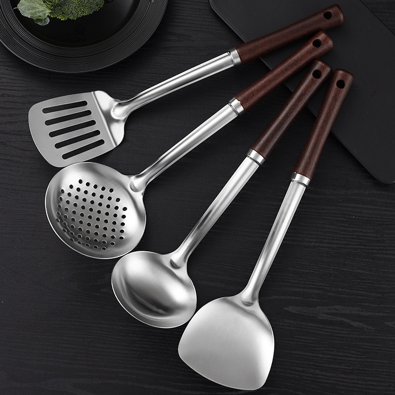 304 spatula set stainless steel solid wood wok spatula thickened anti-scald spatula soup spoon kitchen home wok spatula soup spoon