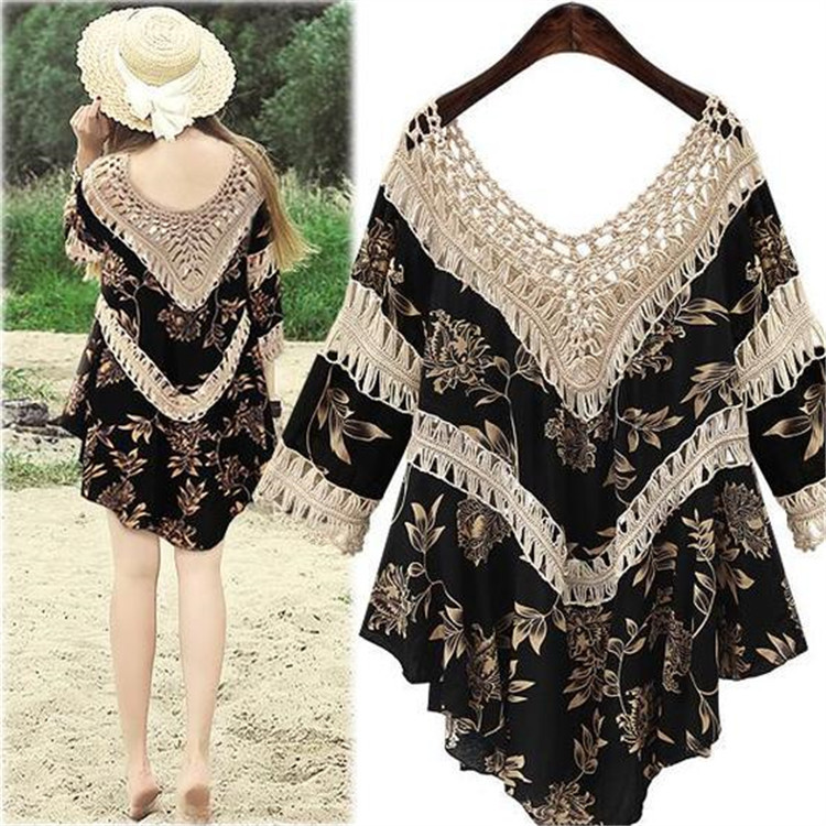 2026 Sexy Casual Beach V-Neck Hollow Out Patchwork Dress