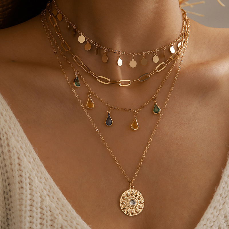 New Multi-Layer Layered Necklace Set Women Gemstone Pendant Choker Round Piece Tassel Neck Chain