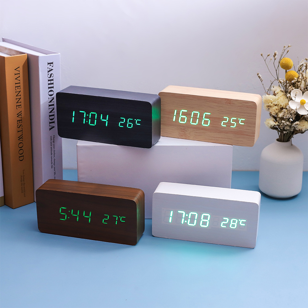 Multifunctional voice-controlled wooden clock, simple home wooden clock, multifunctional student gift electronic clock