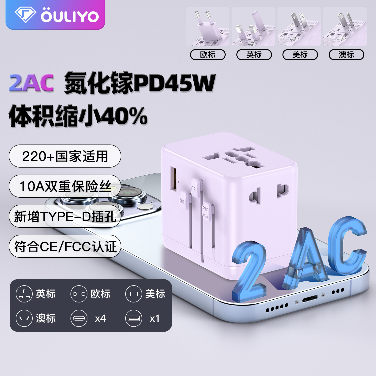 Global Universal Pocket GaN45W Travel Plug Converter Socket Multi-function PD Socket Fast Charging Adapter Plug
