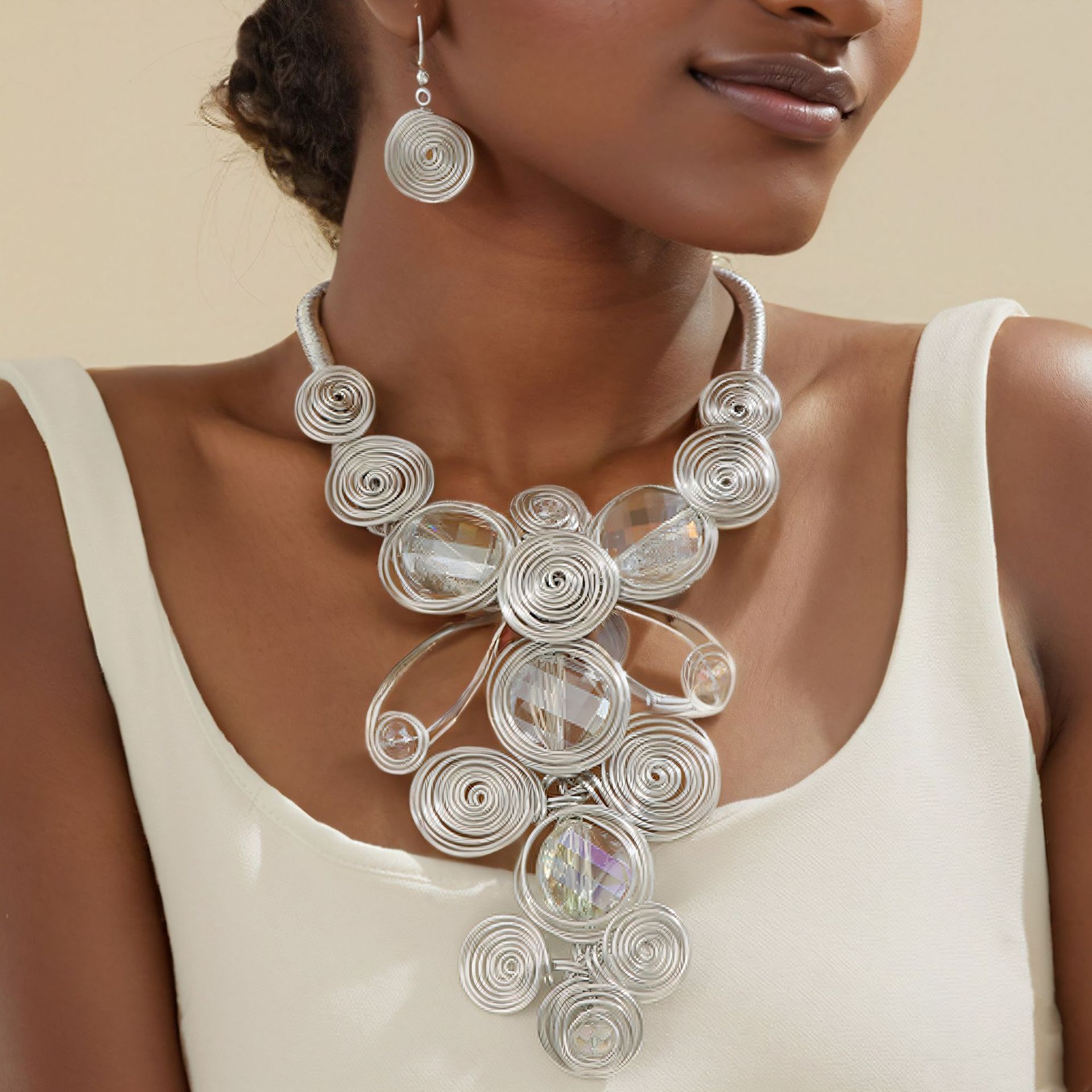 Exaggerated gemstone aluminum wire woven necklace set big brand handmade accessories necklaces