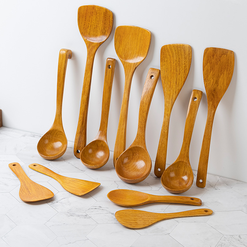 Home Natural Wood Spatula Set Solid Wood Spatula Long Handle Wooden Soup Spoon Non-stick Pan Stir-fry Spatula