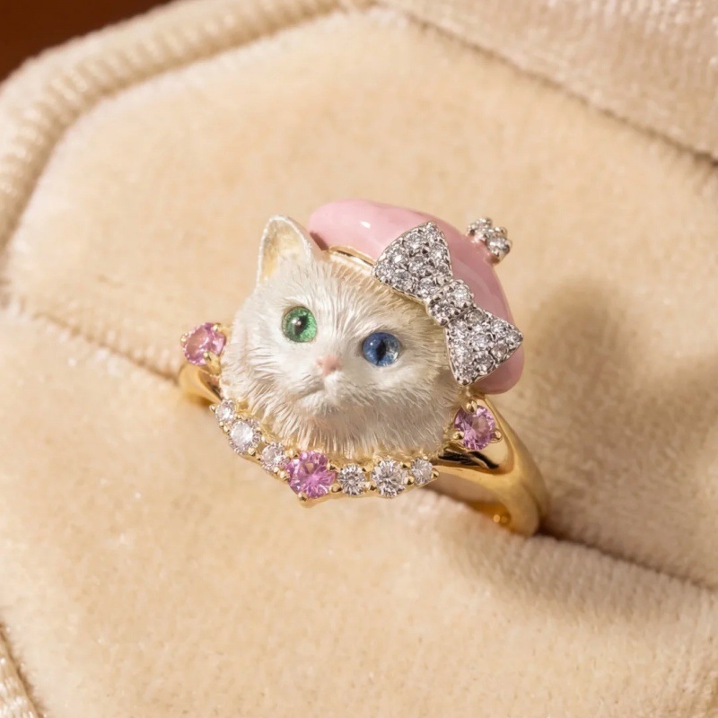 New Cute Cat Ring Women Rhinestone Pink Beret Niche Finger Ring Accessories