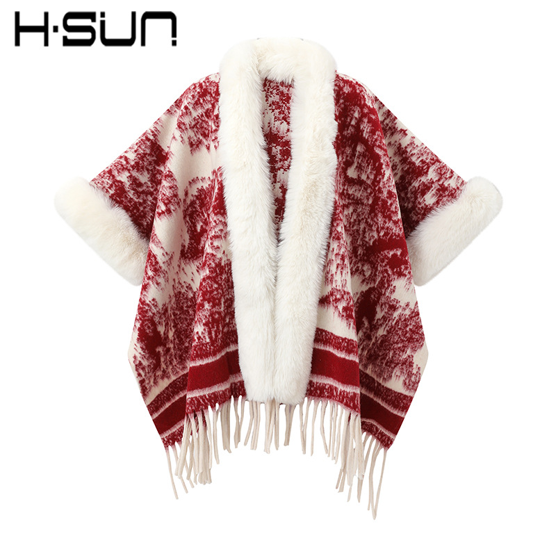 New Knit Cape Poncho Elegant Ethnic Style Fringe Wool Shawl Warm Ethnic Style
