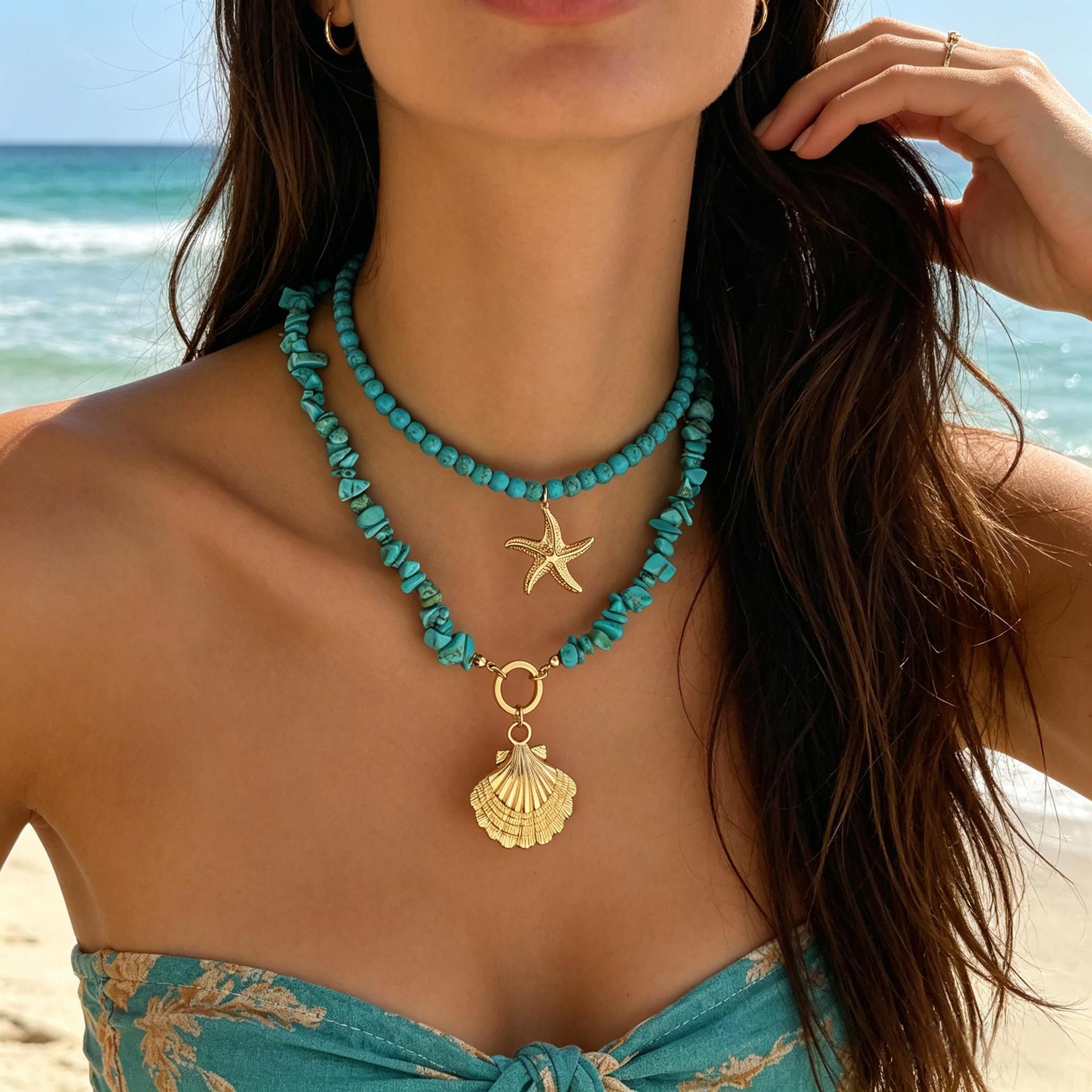 Accessories Ocean Style Shell Turquoise Multi-layer Necklace Beach Vacation Style Starfish Bead Necklace Set