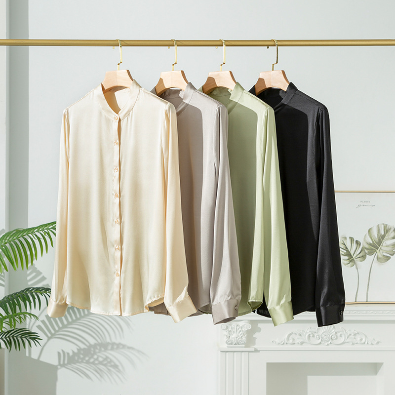 2026 Spring Autumn New Silk Blouse for Women Satin Long Sleeve Shirt Niche Mulberry Silk Top Stand Collar Cardigan