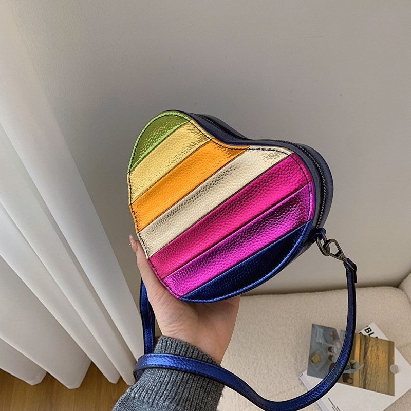 Cute Contrast Color Heart Bag Women's 2024 New Rainbow Splicing Heart Shape Single Shoulder Crossbody Bag