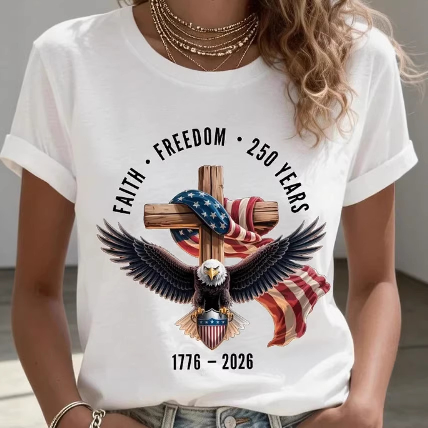 2026 Independent Station Spring Summer New Eagle USA Flag Cross Print Round Neck Short Sleeve