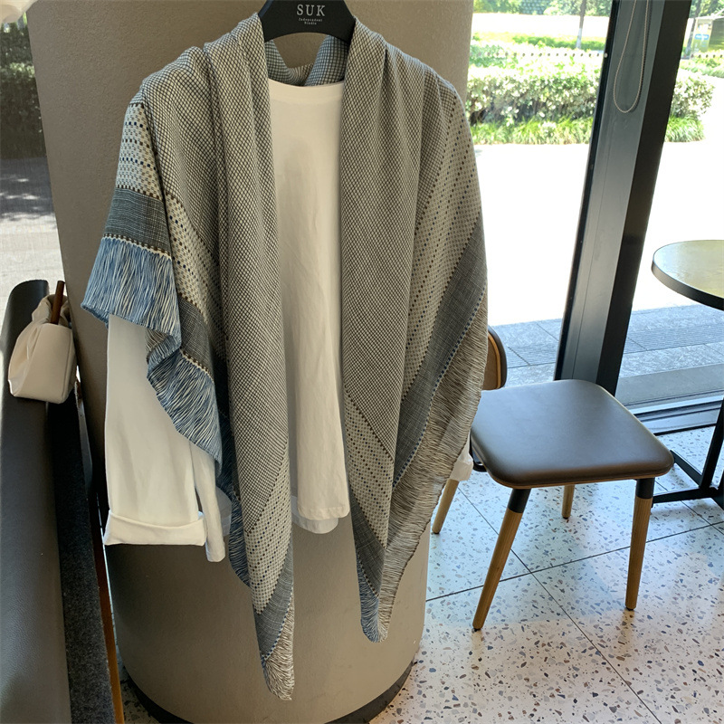 Small plaid linen scarf for women, summer thin sunscreen large square scarf, air-conditioned room outer layer shawl scarf