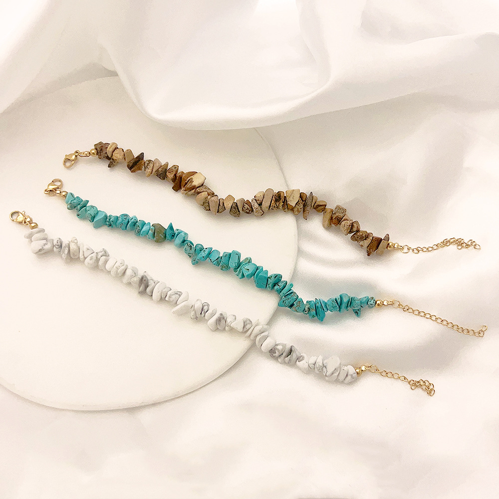 Green Irregular Turquoise Natural Stone Bracelet with 18K Gold-Plated Stainless Steel Chain