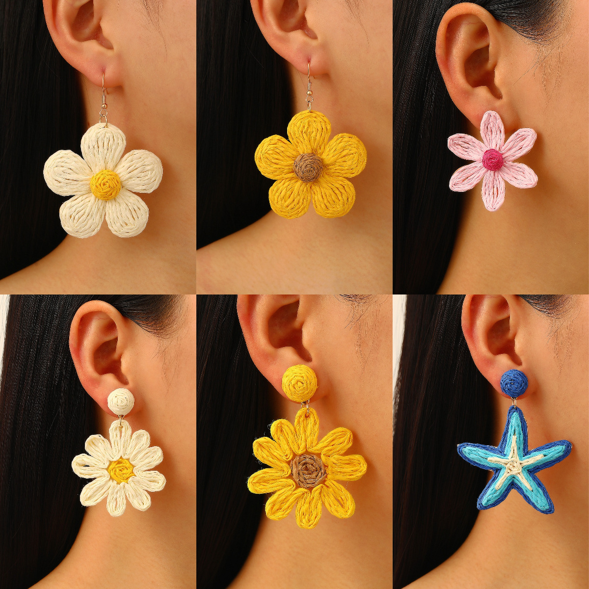 Summer Flower Earrings Women Dopamine Vacation Style Exaggerated Starfish Stud Earrings Handwoven Raffia Earrings Women