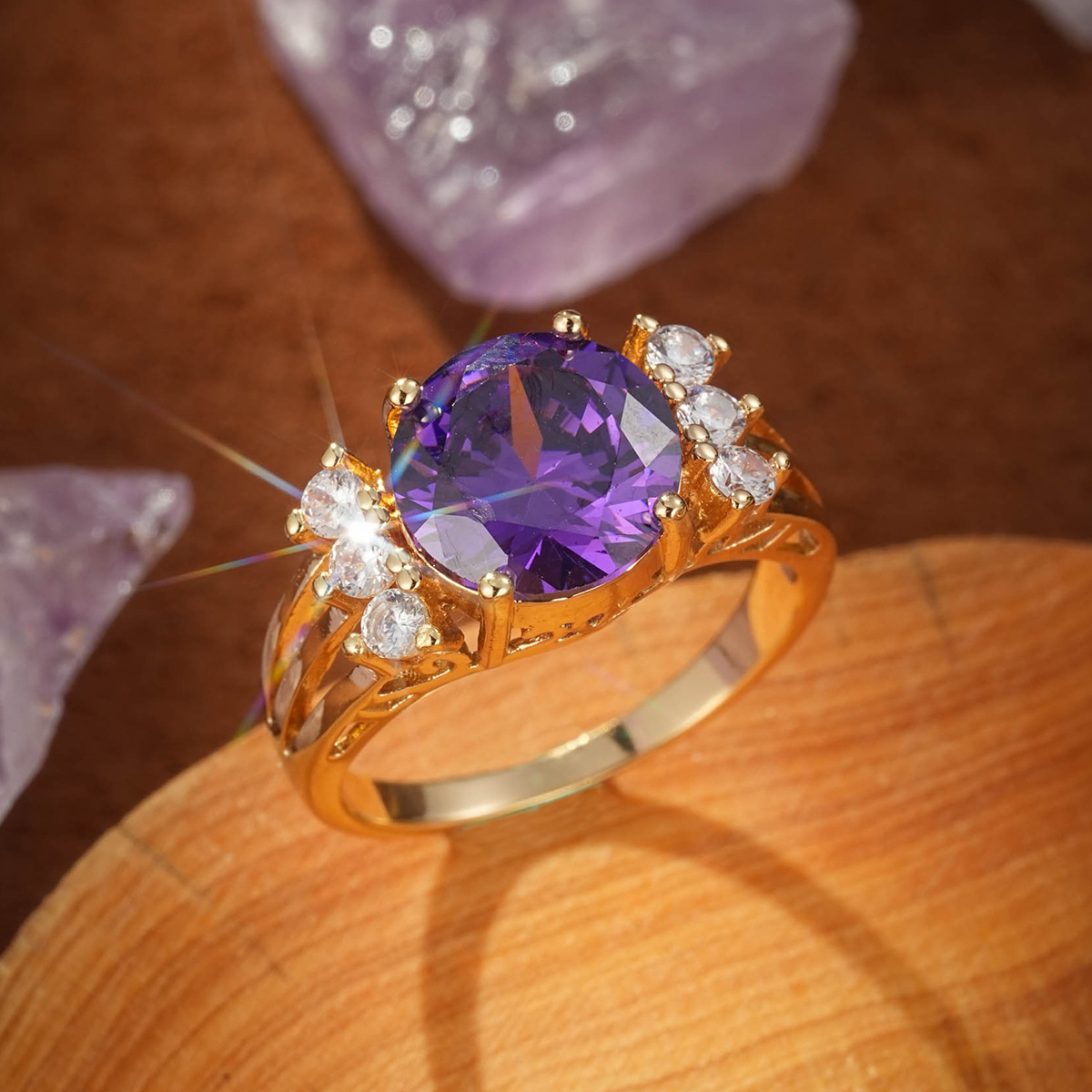 Colored Gemstone Ring Women's Set with AAA Zircon Ring Amethyst Jewelry