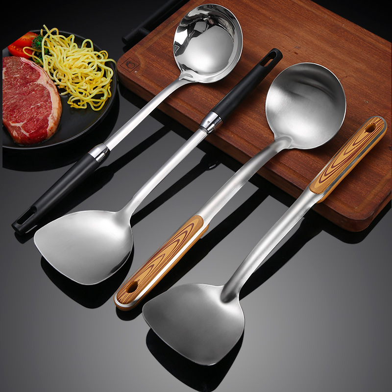 Thickened stainless steel spatula imitation wood grain soup spoon frying spatula household kitchen long handle cooking spatula kitchen utensil