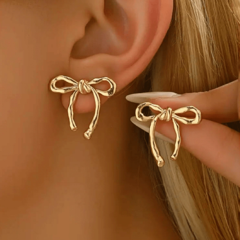 Gold bow ear studs for women minimalist smooth surface earrings
