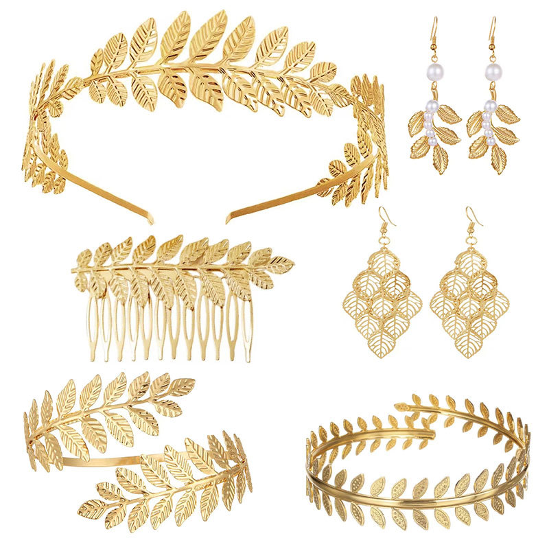 Bridal leaf headband gold goddess leaf hair comb headpiece bracelet pearl earring set
