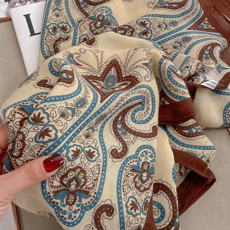 Beach scarf for women, autumn thin neck-protecting sunscreen large shawl, office air-conditioned room cotton-linen feel scarf for vacation