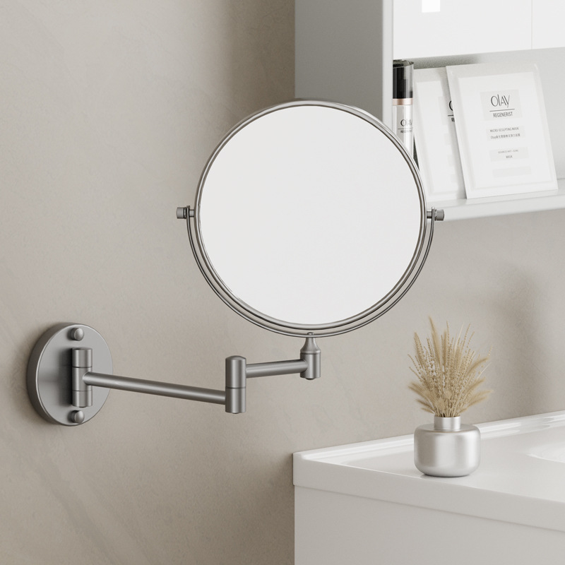 Gray makeup mirror 360-degree rotating telescopic folding double-sided mirror wall-mounted bathroom dressing bathroom no drilling