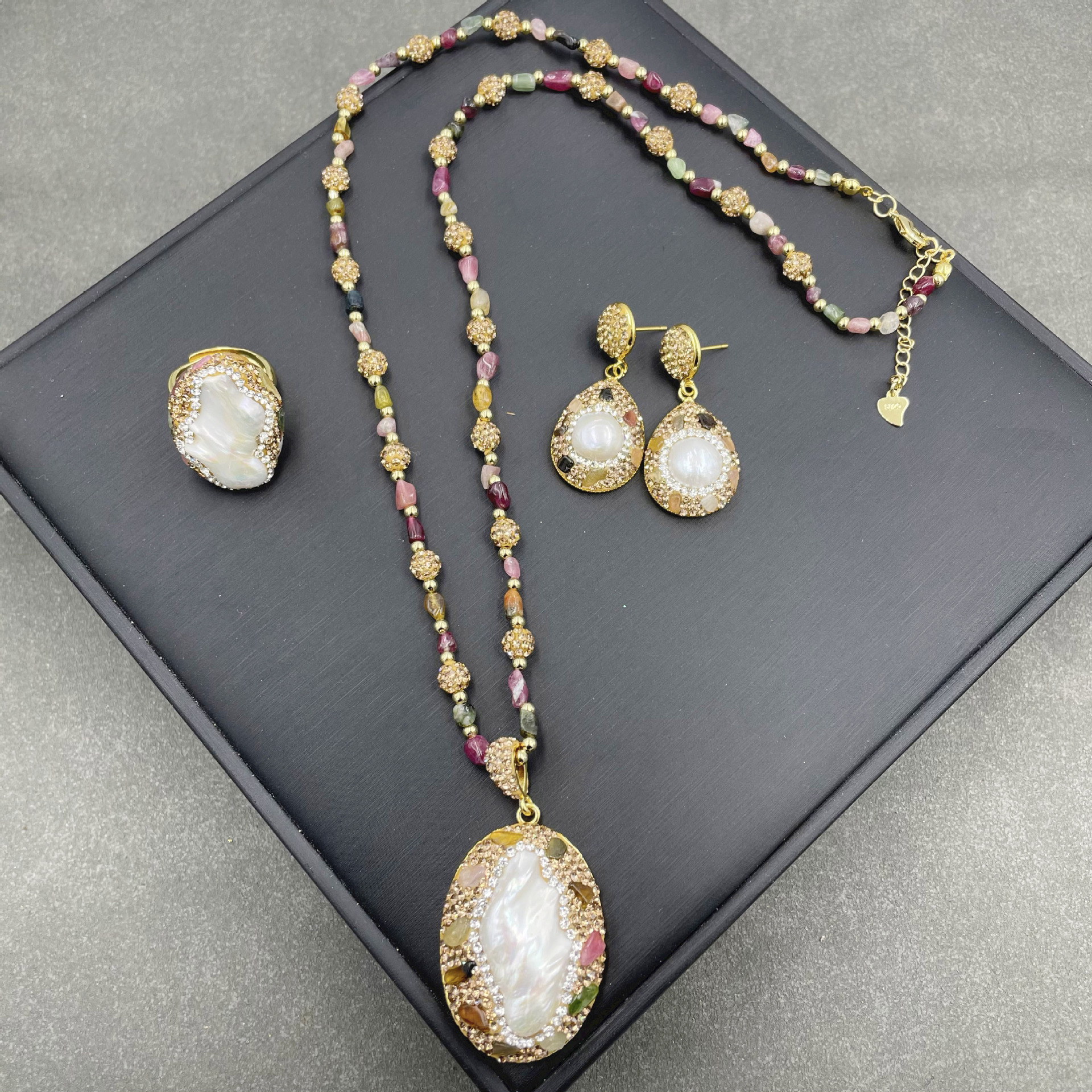 Baroque Pearl Tourmaline Set Natural Freshwater Irregular Pearl Sweater Chain Handcrafted Inlay Three-Piece Set