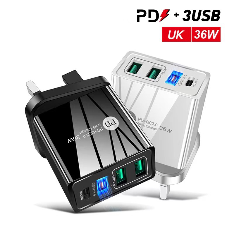 PD36W+3USB2.4A Dual USB Fast Phone Charger Multi-Port Adapter with Light Charging Head Travel Charger