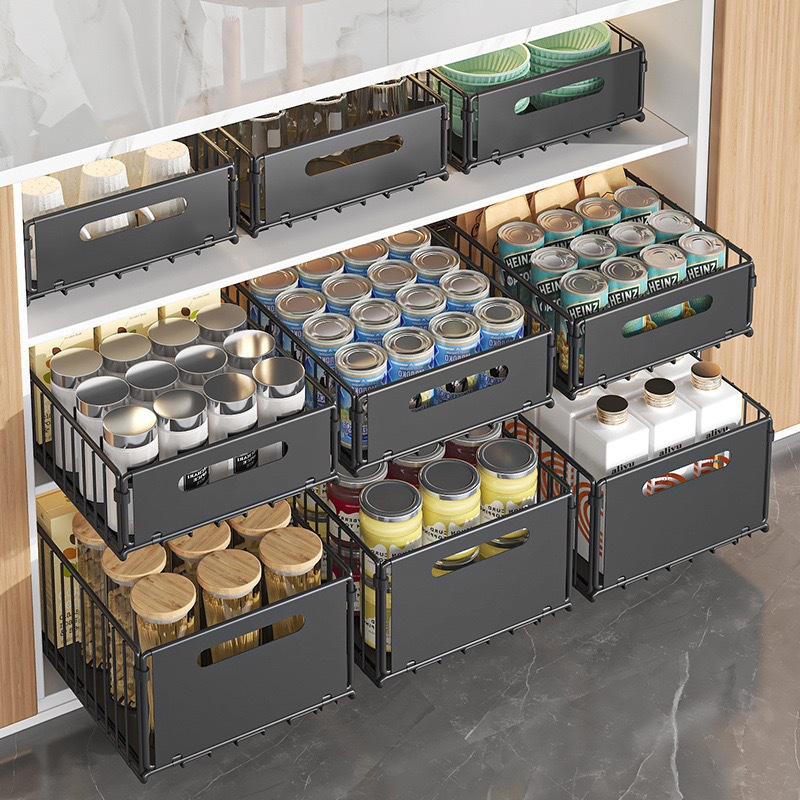 Kitchen storage rack cabinet pull-out basket under sink single-layer storage box slide rail drawer layered seasoning rack