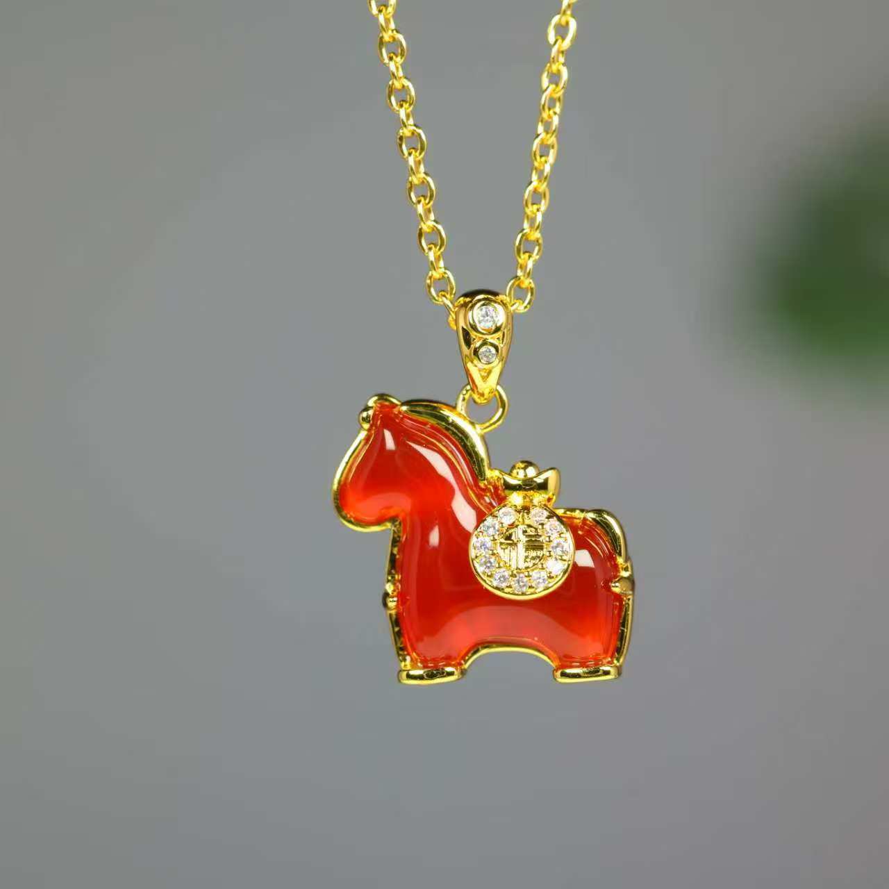 High ice green chalcedony inlaid horse pendant, zodiac horse pendant with red agate for the year of birth, live streaming