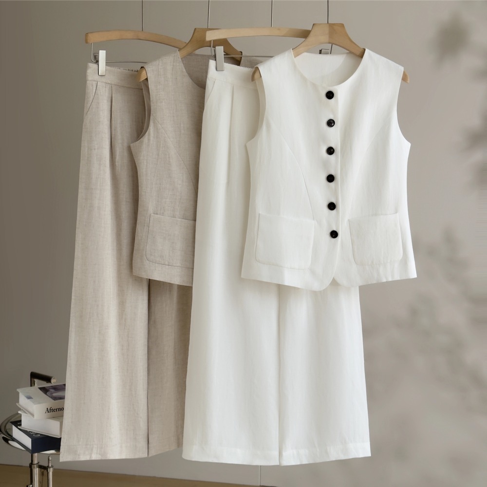 100 linen vest straight-leg pants suit summer breathable casual two-piece set women's workwear