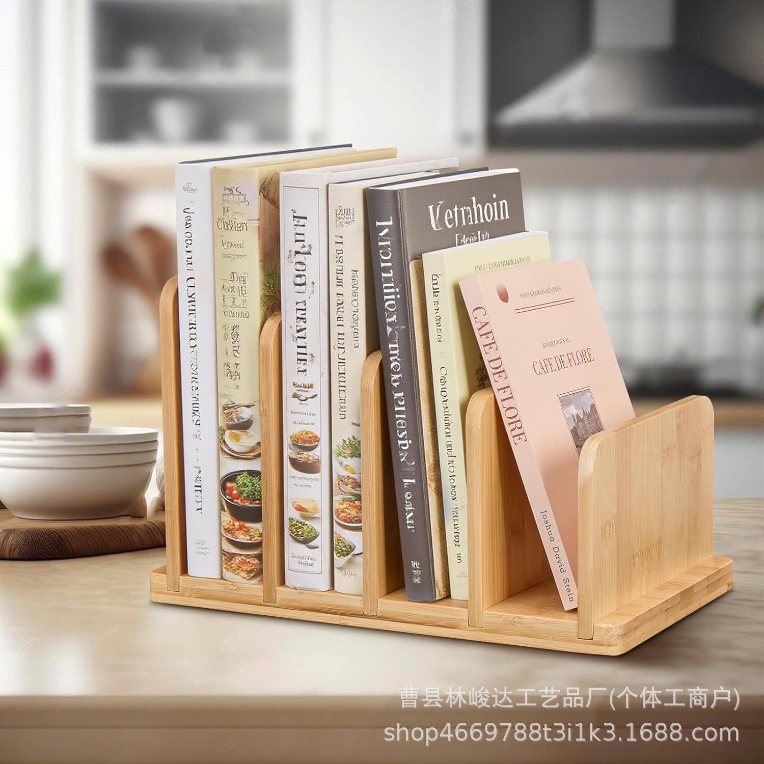 Desktop compartment book storage rack, bamboo wood multi-purpose book display stand, office desktop file organizer
